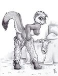  2016 anthro bed breasts clothing dipstick_tail female flinters fur getting_dressed hair looking_back mammal monochrome multicolored_tail mustelid nipples pillow pussy solo weasel whiskers 