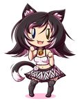  animal_ears bell black_hair blue_eyes brown_eyes camisole cat_ears cat_lingerie cat_tail chibi collar fangs heterochromia kat_(mazume) mazume meme_attire multicolored_hair navel original paw_pose simple_background solo tail white_background white_hair 