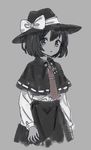  ama-tou black_capelet bow buttons capelet grey_background hat hat_bow jewelry jpeg_artifacts long_sleeves looking_at_viewer necklace ribbon-trimmed_clothes ribbon_trim shirt short_hair skirt sleeve_cuffs solo spot_color touhou usami_renko 