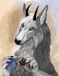  5_fingers black_nose blue_eyes canine holding_object horn looking_at_viewer mammal nude solo wolnir 