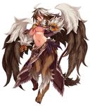  &gt;:( ahoge breasts brown_hair capelet claws facial_mark feathered_wings frown full_body fur griffin griffon_(monster_girl_encyclopedia) highres kenkou_cross large_breasts looking_at_viewer monster_girl monster_girl_encyclopedia multicolored_hair navel official_art paws serious simple_background solo stomach tail two-tone_hair underboob v-shaped_eyebrows waist_cape white_background white_hair wings 