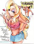  bandicoot blue_eyes blush breasts cleavage clothed clothing crash_bandicoot crash_bandicoot_(series) english_text female heki0718 lips male mammal marsupial tawna_bandicoot text unknown_artist video_games 