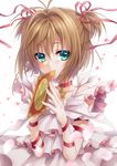  brown_hair card cardcaptor_sakura choker clow_card green_eyes hexagram highres kinomoto_sakura red_choker short_hair solo star star_choker ueno_tsuki 