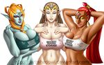  areola big_breasts breasts cleavage clothed clothing english_text erect_nipples female gerudo group humanoid hylian idarkshadowi looking_at_viewer midna_(true_form) nabooru nintendo nipple_bulge nipples not_furry princess_zelda smile text the_legend_of_zelda twili under_boob video_games 