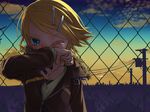  blonde_hair blue_eyes building city cityscape cloud hair_ornament hairclip highres jacket jewelry junji kagamine_rin necklace scenery short_hair sky solo tears vocaloid wince 