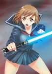  braid brown_eyes brown_hair collarbone energy_sword lightsaber original parody school_uniform serafuku shinozuka_jouji short_hair skirt solo star_wars sword weapon 