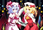  bat_wings blonde_hair blue_hair breasts flandre_scarlet hat large_breasts multiple_girls nail_art nail_polish pink_nails pointy_ears ponytail red_eyes red_nails remilia_scarlet satou_samu short_hair siblings side_ponytail touhou wings 