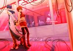  1girl back-to-back blue_eyes blue_hair boots brown_hair couple hetero highres holding_hands kaito meiko midriff norihe red red_eyes scarf short_hair skirt thighhighs vocaloid zettai_ryouiki 