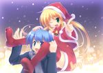  1girl ayasaki_hayate blonde_hair blue_eyes blue_hair carrying christmas green_eyes hat hayate_no_gotoku! highres hoppege long_hair one_eye_closed panties pink_panties santa_costume santa_hat sanzen'in_nagi shoulder_carry thighhighs underwear 