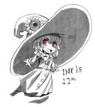  :d big_hat blush bright_pupils character_request copyright_request dated dress flower greyscale halloween hat hat_flower inktober looking_at_viewer monochrome open_mouth ramenwarwok red_eyes simple_background smile spot_color sunflower white_background 