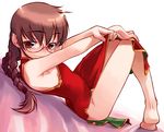  arched_back bad_id bad_pixiv_id bare_shoulders barefoot blush braid brown_eyes brown_hair china_dress chinese_clothes dress eyebrows eyebrows_visible_through_hair feet freckles from_side full_body glasses long_hair looking_at_viewer looking_to_the_side lying nakamura_tetsuya on_back pointy_ears ri_kouran round_eyewear sakura_taisen smile soles solo thighs twin_braids 