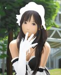  bad_id bad_pixiv_id bare_shoulders black_hair blurry blush breasts brown_eyes cleavage depth_of_field detached_collar gloves lips maid maid_headdress medium_breasts original realistic siraha smile solo white_gloves 