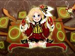  ahoge blonde_hair blue_eyes boots christmas crown hair_ornament hair_ribbon hairclip kagamine_rin mittens plastick ribbon short_hair sitting skirt smile solo speaker star vocaloid 