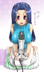  ahoge barefoot between_breasts blue_hair breasts game_console highres idolmaster idolmaster_(classic) idolmaster_1 large_breasts long_hair miura_azusa playing_games purple_eyes sexually_suggestive solo translated ttomm video_game xbox_360 