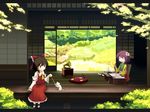  :d ^_^ bow brown_hair calligraphy_brush cat closed_eyes cushion detached_sleeves flower hair_bow hair_flower hair_ornament hakurei_reimu happy hieda_no_akyuu japanese_clothes long_hair multiple_girls open_mouth paintbrush peaceful phonograph pillow purple_hair ribbon short_hair shouji sitting sliding_doors smile tatami touhou tsuyuki_(yukitgraph) veranda wallpaper writing zaisu 