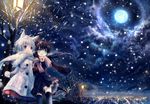  animal_ears bad_id bad_pixiv_id brown_hair cat_ears cat_tail city_lights cloud full_moon green_eyes lamppost long_hair moon multiple_girls onineko original red_eyes scarf short_hair sky snow tail tree white_hair winter 