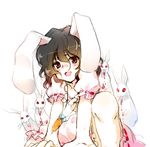  animal_ears arm_support blood breasts brown_hair bunny bunny_ears dress gradient_hair inaba_tewi jewelry kneeling multicolored_hair nipples pendant pink_dress short_hair small_breasts solo sweat torazou touhou 