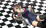  brown_eyes brown_hair checkered checkered_floor glasses no_pants one-piece_swimsuit open_clothes open_shirt original school_swimsuit school_uniform shirt solo swimsuit swimsuit_under_clothes thighhighs twintails uni wallpaper 