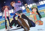  absurdres angry black_hair bow brown_hair casual earmuffs green_eyes hair_bow hat highres ice_skates legs long_hair megami misaka_mikoto mittens multiple_girls non-web_source official_art one_eye_closed open_mouth pantyhose saten_ruiko scarf shirai_kuroko shiwasu_takashi short_hair skates skating striped striped_legwear thighhighs to_aru_kagaku_no_railgun to_aru_majutsu_no_index twintails uiharu_kazari 