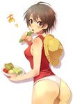  artist_request ass brown_eyes brown_hair cucumber eating genderswap genderswap_(mtf) hat highres lettuce luffyko one_piece open_mouth panties phallic_symbol salad scar short_hair solo straw_hat tomato underwear 