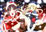  blonde_hair blue_eyes brown_hair christmas hakurei_reimu hat kirisame_marisa long_hair multiple_girls red_eyes santa_costume santa_hat sukage touhou 