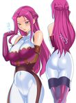  ass bare_shoulders blue_eyes blush bodysuit boots breast_hold breasts code_geass cornelia_li_britannia elbow_gloves gloves impossible_clothes large_breasts long_hair pink_gloves playing_with_own_hair purple_hair robina skin_tight solo thigh_boots thighhighs 