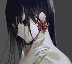  1girl bad_id bad_twitter_id black_eyes black_hair bug butterfly closed_mouth collarbone empty_eyes eyebrows_visible_through_hair fingernails grey_background hair_behind_ear hand_up head_tilt insect long_hair nude original portrait simple_background solo tlla 