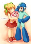  1girl blonde_hair bouquet closed_eyes flower hair_ribbon inou_shin red_skirt ribbon rockman rockman_(character) rockman_(classic) roll skirt smile 