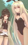  3u animal_ears bad_id bad_pixiv_id bare_shoulders belt blonde_hair bow bowtie brown_eyes brown_hair bunny_ears bunnysuit fishnet_pantyhose fishnets konjiki_no_yami long_hair loose_belt midriff multiple_girls pantyhose red_eyes shorts to_love-ru v very_long_hair yuuki_mikan 