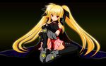  belt blonde_hair blush boots breasts covered_nipples fate_testarossa fingerless_gloves gloves hair_ribbon highres long_hair lyrical_nanoha mahou_shoujo_lyrical_nanoha_strikers medium_breasts red_eyes ribbon ryokusuiteien solo thighhighs twintails very_long_hair zettai_ryouiki 