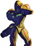  arm_cannon armor blonde_hair blood cannon damaged headwear_removed helmet helmet_removed long_hair metroid nekkeau neon_trim ponytail power_armor samus_aran simple_background solo varia_suit weapon 