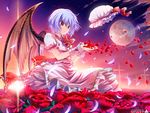  artist_name bat_wings blue_hair flower hat hat_removed headwear_removed highres looking_down moon namamo_nanase outstretched_hand petals red_eyes red_flower red_rose remilia_scarlet rose short_hair solo sunset touhou watermark web_address wings 