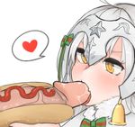  1girl bun fate/grand_order fate_(series) fellatio gold_eyes helmet holding hot_dog jeanne_alter jeanne_alter_(santa_lily)_(fate) ketchup mico oral penis ribbon ruler_(fate/apocrypha) saliva spoken_heart uncensored white_hair 