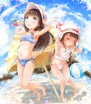  2girls armpits bare_shoulders barefoot bikini blue_eyes blush brown_hair child cloud collarbone crop_top day eyes_closed feet flat_chest frilled_bikini frills full_body hat highres holding holding_hat kashiwamochi_roko long_hair midriff multiple_girls navel open_mouth original outdoors shirt sky swimsuit teeth umbrella water 