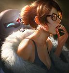  bare_shoulders beads black-framed_eyewear breasts brown_eyes brown_hair cleavage coat collarbone drone fingernails from_side fur-trimmed_jacket fur_coat fur_trim glasses hair_bun hair_ornament hair_stick hand_to_own_mouth hand_up jacket large_breasts long_fingernails mei_(overwatch) off_shoulder open_clothes open_coat open_mouth overwatch parka realistic robot saliva saliva_trail sexually_suggestive short_hair sidelocks snowball_(overwatch) snowflake_hair_ornament solo tank_top tongue tongue_out upper_body wang_chen winter_clothes winter_coat 