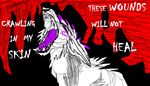  2011 angry angst canine edgy font fur hair linkin_park mammal markings red_eyes sad sharp_teeth simple_background singing teeth theelementalwolf tongue what white_fur wolf 