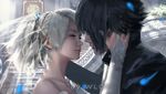  1girl artist_name black_hair blonde_hair bridal_gauntlets bridal_veil eye_contact feathers final_fantasy final_fantasy_xv hand_on_another's_face imminent_kiss looking_at_another lunafreya_nox_fleuret noctis_lucis_caelum veil wlop 