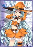  aliasse armpits asymmetrical_legwear blue_hair breasts brown_eyes candy cleavage crop_top detached_sleeves eyebrows_visible_through_hair food hand_on_headwear hat lollipop long_hair looking_at_viewer lowres midriff open_mouth orange_hat orange_legwear pumpkin refeia senjou_no_valkyria senjou_no_valkyria_2 shorts shorts_under_skirt small_breasts solo strapless thighhighs white_shorts witch_hat 