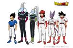  1girl 5boys baseball baseball_hat baseball_uniform beerus character_sheet concept_art dragon_ball dragon_ball_super looking_at_viewer multiple_boys official_art production_art scar shueisha simple_background son_gokuu vados vegeta whis white_background yamcha 