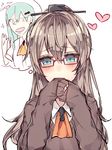  blue_eyes blush brown_hair commentary ear_piercing earrings english eyebrows eyebrows_visible_through_hair glasses hands_on_own_face hands_together heart jewelry kantai_collection kumano_(kantai_collection) kvlen long_sleeves multiple_girls piercing red-framed_eyewear sketch stud_earrings suzuya_(kantai_collection) 