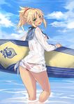  bikini blonde_hair blush cloud day fate/apocrypha fate/grand_order fate_(series) highres looking_back mordred_(fate)_(all) mordred_(swimsuit_rider)_(fate) prydwen red_bikini regu shirt sky smile solo surfboard swimsuit water wet wet_clothes wet_shirt 