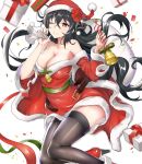  1girl azur_lane bangs bare_shoulders bell belt black_hair black_legwear blush boots box breasts cape christmas cleavage coat collarbone dress eyebrows_visible_through_hair fur-trimmed_boots fur-trimmed_coat fur_trim gift gift_box hair_between_eyes hat high_heel_boots high_heels large_breasts long_hair looking_at_viewer one_eye_closed red_cape red_dress red_eyes red_footwear sack santa_costume santa_hat simple_background smile solo strapless strapless_dress taihou_(azur_lane) thighhighs very_long_hair white_background yusan 