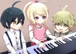  2boys ahoge akamatsu_kaede amami_rantarou beamed_eighth_notes beamed_sixteenth_notes blonde_hair blue_hair brown_background child chin_rest danganronpa green_eyes green_hair hair_bobbles hair_ornament instrument multiple_boys music musical_note musical_note_hair_ornament new_danganronpa_v3 open_mouth piano pink_eyes playing_instrument playing_piano ponytail saihara_shuuichi short_hair simple_background sitting smile suspenders utou_(utousan) yellow_eyes younger 
