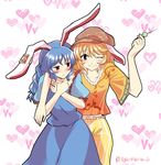  :t animal_ears blonde_hair blue_dress blue_hair blush bunny_ears commentary_request dango dress ear_tag floppy_ears food hat heart long_hair looking_at_another looking_at_viewer mana_(tsurubeji) multiple_girls one_eye_closed puffy_short_sleeves puffy_sleeves red_eyes ringo_(touhou) seiran_(touhou) short_hair short_sleeves smile touhou wagashi yuri 