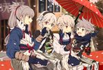  1girl 3boys anmitsu_(dessert) aomeeso armor blue_gloves blush cherry_blossoms cup family feeding female_my_unit_(fire_emblem_if) fire_emblem fire_emblem_if flower food food_on_face gloves grey_hair hair_flower hair_ornament hairband kanna_(fire_emblem_if) kisaragi_(fire_emblem_if) long_hair looking_down multiple_boys my_unit_(fire_emblem_if) open_mouth oriental_umbrella parfait petals pointy_ears ponytail red_eyes scarf short_hair takumi_(fire_emblem_if) teacup umbrella wagashi yunomi 