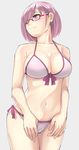  adapted_costume bikini breasts cleavage collarbone cowboy_shot fate/grand_order fate_(series) front-tie_bikini front-tie_top glasses hair_over_one_eye large_breasts looking_away mash_kyrielight michihasu navel purple_bikini purple_eyes purple_hair short_hair side-tie_bikini simple_background smile solo standing swimsuit swimsuit_of_perpetual_summer 