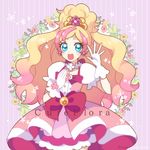  blonde_hair blue_eyes bow character_name choker cure_flora dadadanoda earrings flower flower_earrings gloves go!_princess_precure hand_on_own_chest haruno_haruka jewelry long_hair magical_girl multicolored_hair open_mouth pink_bow pink_hair precure simple_background skirt smile solo streaked_hair tiara two-tone_hair waving white_gloves 