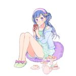  artist_request blue_hair book cup full_body holding holding_book legs_together long_hair rinboshi_riona sitting slippers smile solo teacup teapot transparent_background uchi_no_hime-sama_ga_ichiban_kawaii 