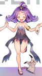  :3 acerola_(pokemon) bare_shoulders black_panties blush closed_eyes cropped dress elite_four flat_chest gen_7_pokemon highres holding_hands jewelry long_hair matanonki mimikyu open_mouth out_of_frame panties pokemon pokemon_(creature) pokemon_(game) pokemon_sm purple_hair ring sandals smile solo_focus standing standing_on_one_leg strapless strapless_dress thigh_gap trial_captain underwear 