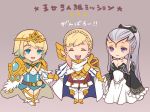  3girls armor blonde_hair blue_eyes blue_hair braid breasts cape chibi cleavage closed_mouth crown crown_braid detached_sleeves dress earrings eir_(fire_emblem) eyes_closed fire_emblem fire_emblem_heroes fjorm_(fire_emblem_heroes) gloves gradient_hair grey_background grey_eyes grey_hair hair_ornament hand_holding jewelry long_hair long_sleeves multicolored_hair multiple_girls nintendo open_mouth ponytail renkonmatsuri sharena short_dress short_hair simple_background skirt smile 